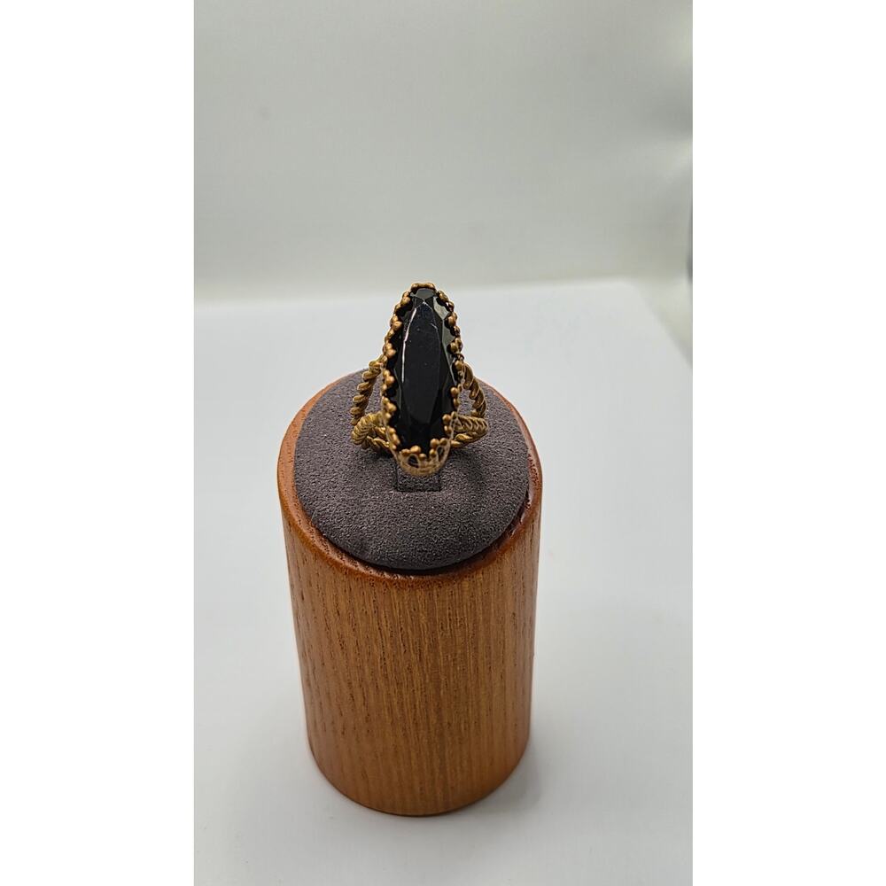 Vintage Black Glass Navette Ring Gold Tone Adjustable Statement